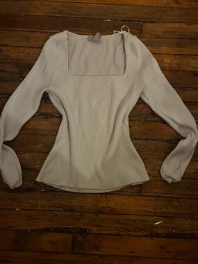 H&M Ribbed Square-Neck Long Sleeve Top - Light Gray